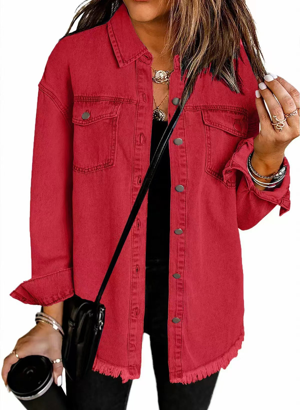 Oversized frayed denim shacket with snap front and chest pockets - view 7