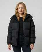 Women's black hooded quilted winter coat with corduroy shoulder yoke - view 2