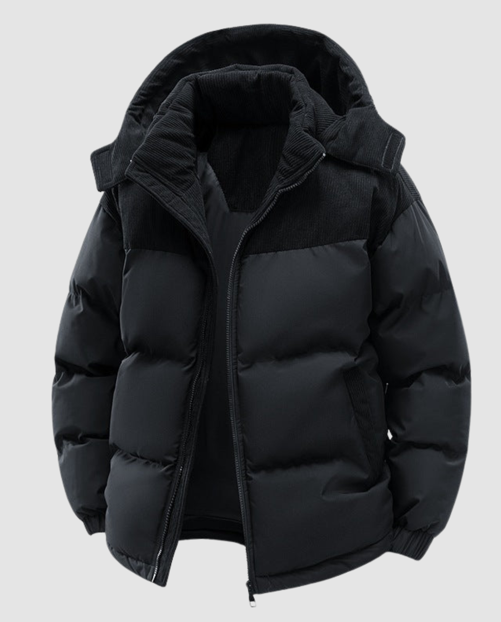 Women's black hooded quilted winter coat with corduroy shoulder yoke - view 3