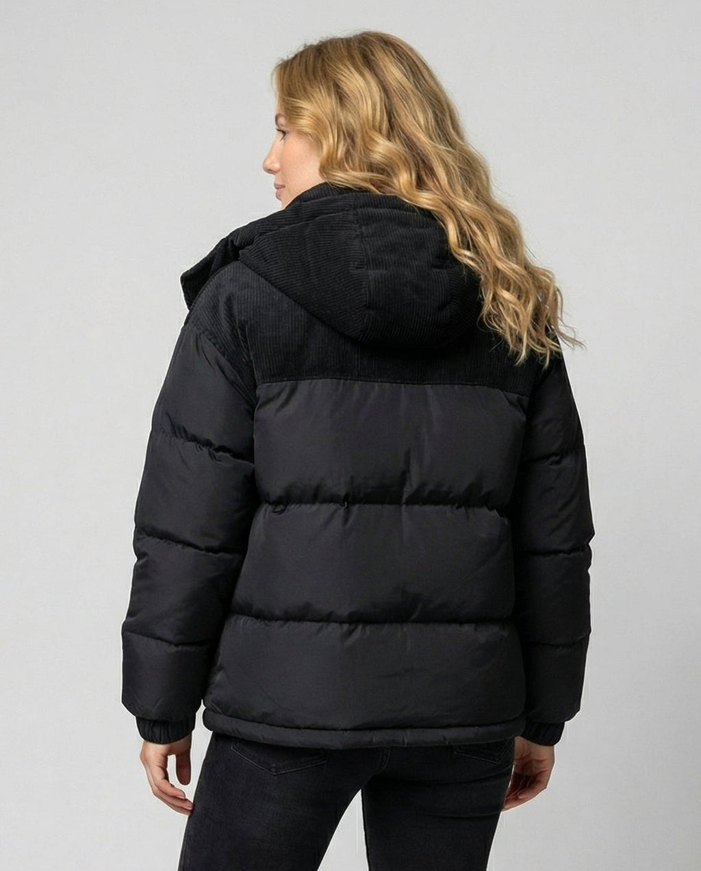 Women's black hooded quilted winter coat with corduroy shoulder yoke - view 4