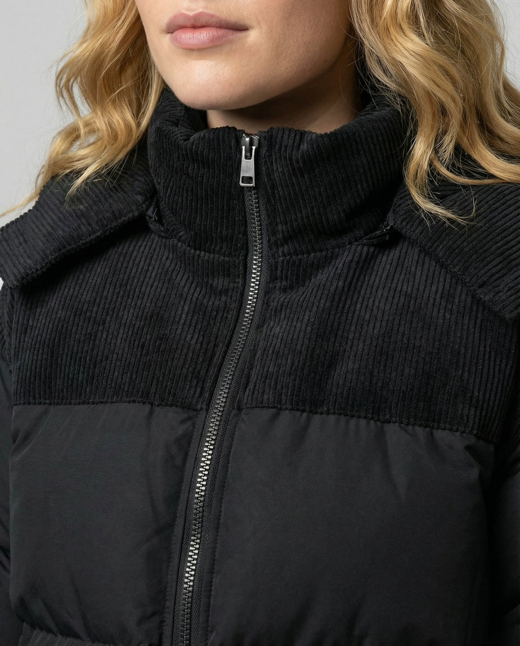 Women's black hooded quilted winter coat with corduroy shoulder yoke - view 5