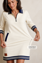 Collared quarter zip sweatshirt dress with navy striped trim and front pockets - view 5