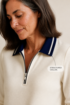 Collared quarter zip sweatshirt dress with navy striped trim and front pockets - view 6
