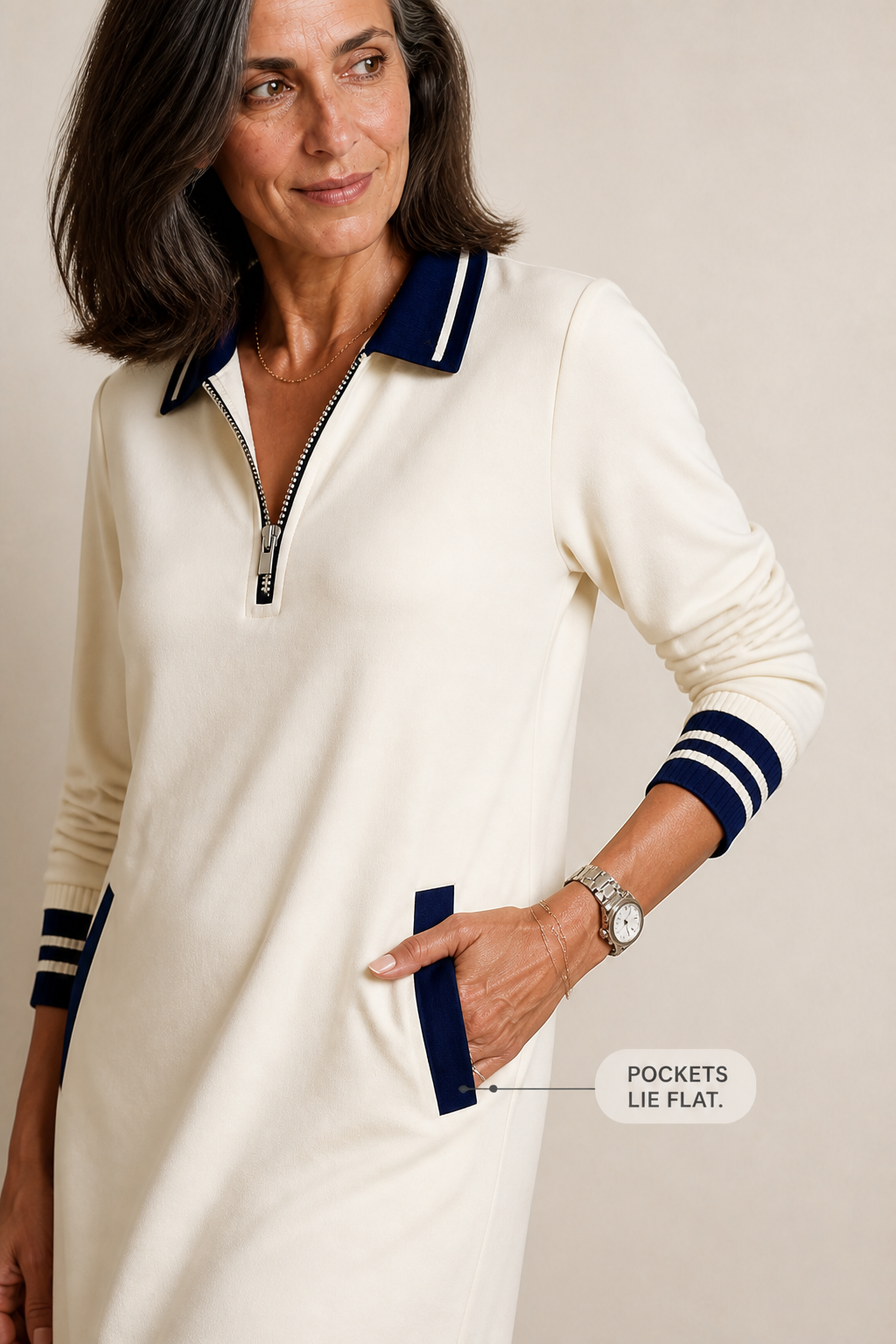 Collared quarter zip sweatshirt dress with navy striped trim and front pockets - view 7