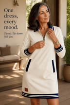 Collared quarter zip sweatshirt dress with navy striped trim and front pockets - view 9