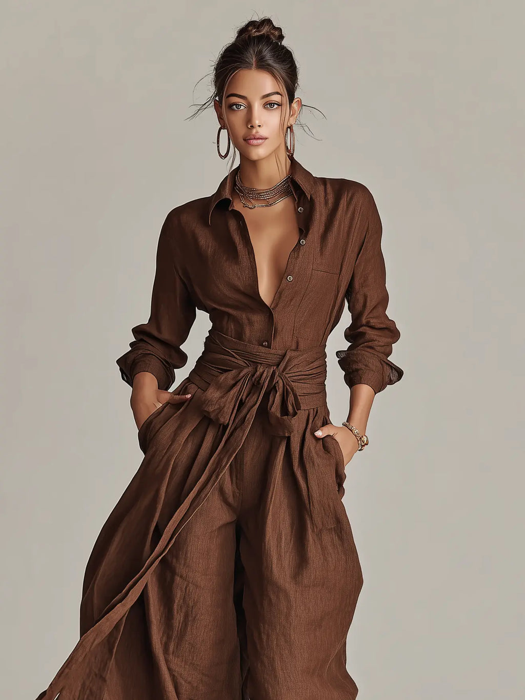 Roberta | Women's Elegant Brown Woven Cotton-Linen Long-Sleeved Shirt Collar Jumpsuit With Belt oaklynwear