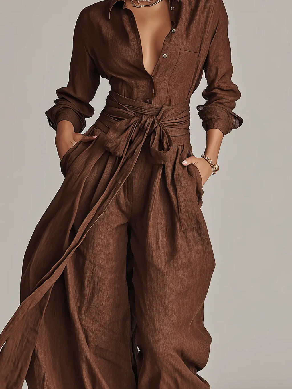 Roberta | Women's Elegant Brown Woven Cotton-Linen Long-Sleeved Shirt Collar Jumpsuit With Belt oaklynwear