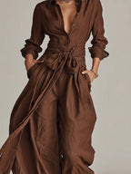 Roberta | Women's Elegant Brown Woven Cotton-Linen Long-Sleeved Shirt Collar Jumpsuit With Belt oaklynwear