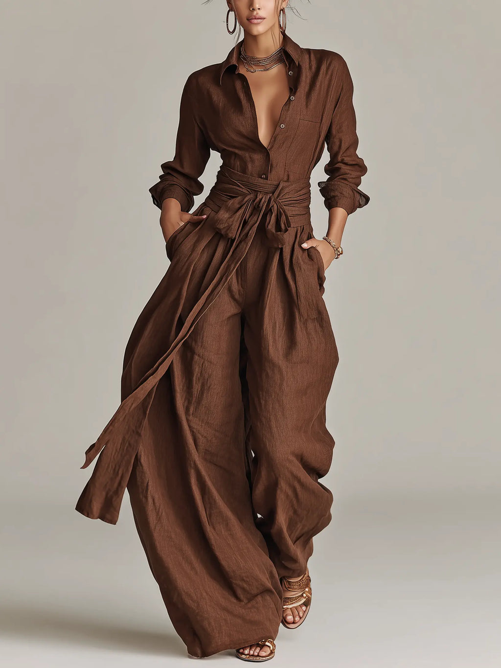 Roberta | Women's Elegant Brown Woven Cotton-Linen Long-Sleeved Shirt Collar Jumpsuit With Belt oaklynwear