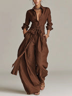 Roberta | Women's Elegant Brown Woven Cotton-Linen Long-Sleeved Shirt Collar Jumpsuit With Belt oaklynwear