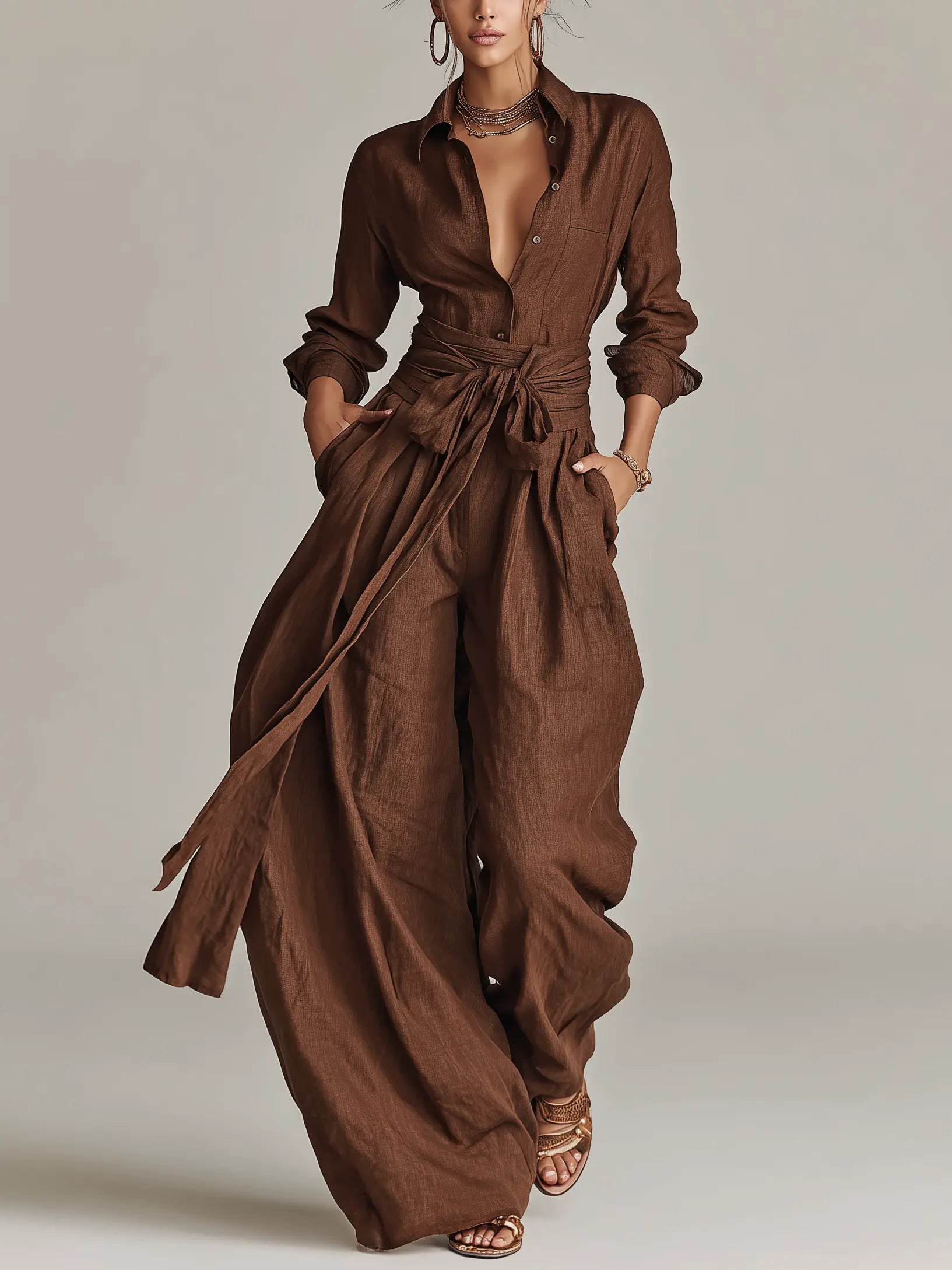 Roberta | Women's Elegant Brown Woven Cotton-Linen Long-Sleeved Shirt Collar Jumpsuit With Belt oaklynwear