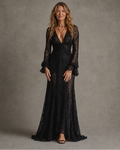 Black lace long sleeve maxi dress with plunging V-neck and ruffled bell sleeves