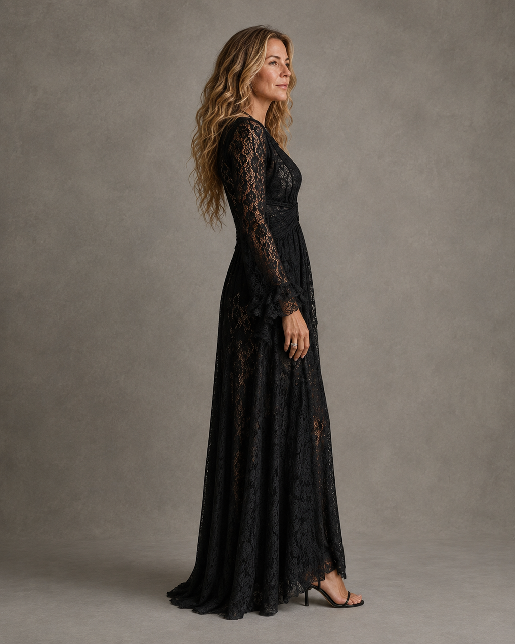 Black lace long sleeve maxi dress with plunging V-neck and ruffled bell sleeves - view 2