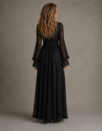 Black lace long sleeve maxi dress with plunging V-neck and ruffled bell sleeves - view 3
