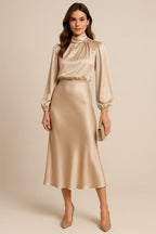 Satin long sleeve midi dress with draped mock neck and balloon sleeves - view 10