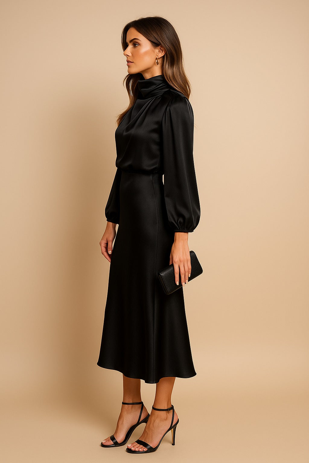 Satin long sleeve midi dress with draped mock neck and balloon sleeves - view 13