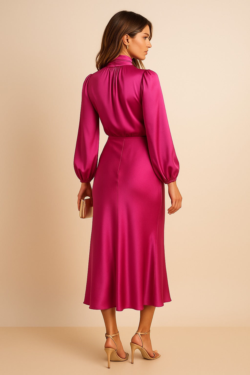 Satin long sleeve midi dress with draped mock neck and balloon sleeves - view 17