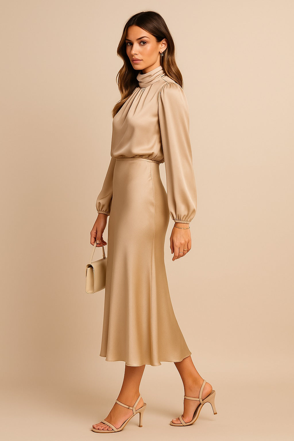 Satin long sleeve midi dress with draped mock neck and balloon sleeves - view 2