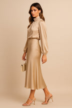 Satin long sleeve midi dress with draped mock neck and balloon sleeves - view 20