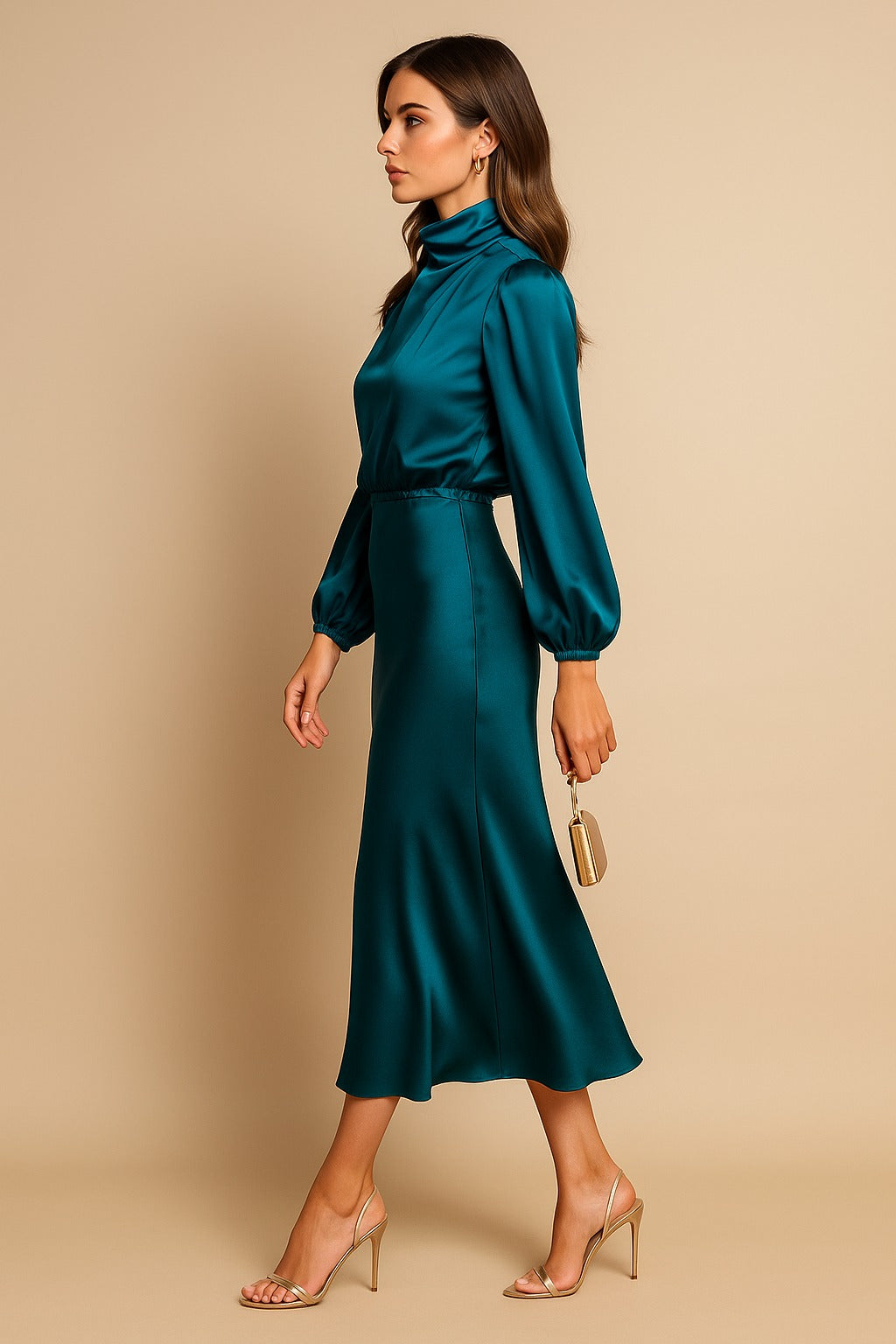 Satin long sleeve midi dress with draped mock neck and balloon sleeves - view 23
