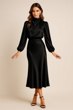 Satin long sleeve midi dress with draped mock neck and balloon sleeves - view 3