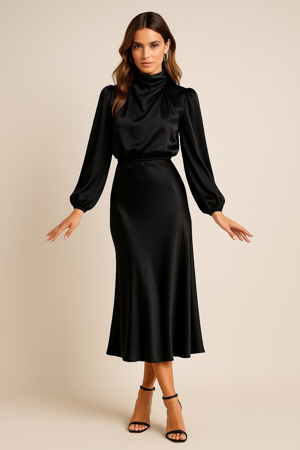 Satin long sleeve midi dress with draped mock neck and balloon sleeves - view 3