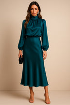 Satin long sleeve midi dress with draped mock neck and balloon sleeves - view 6
