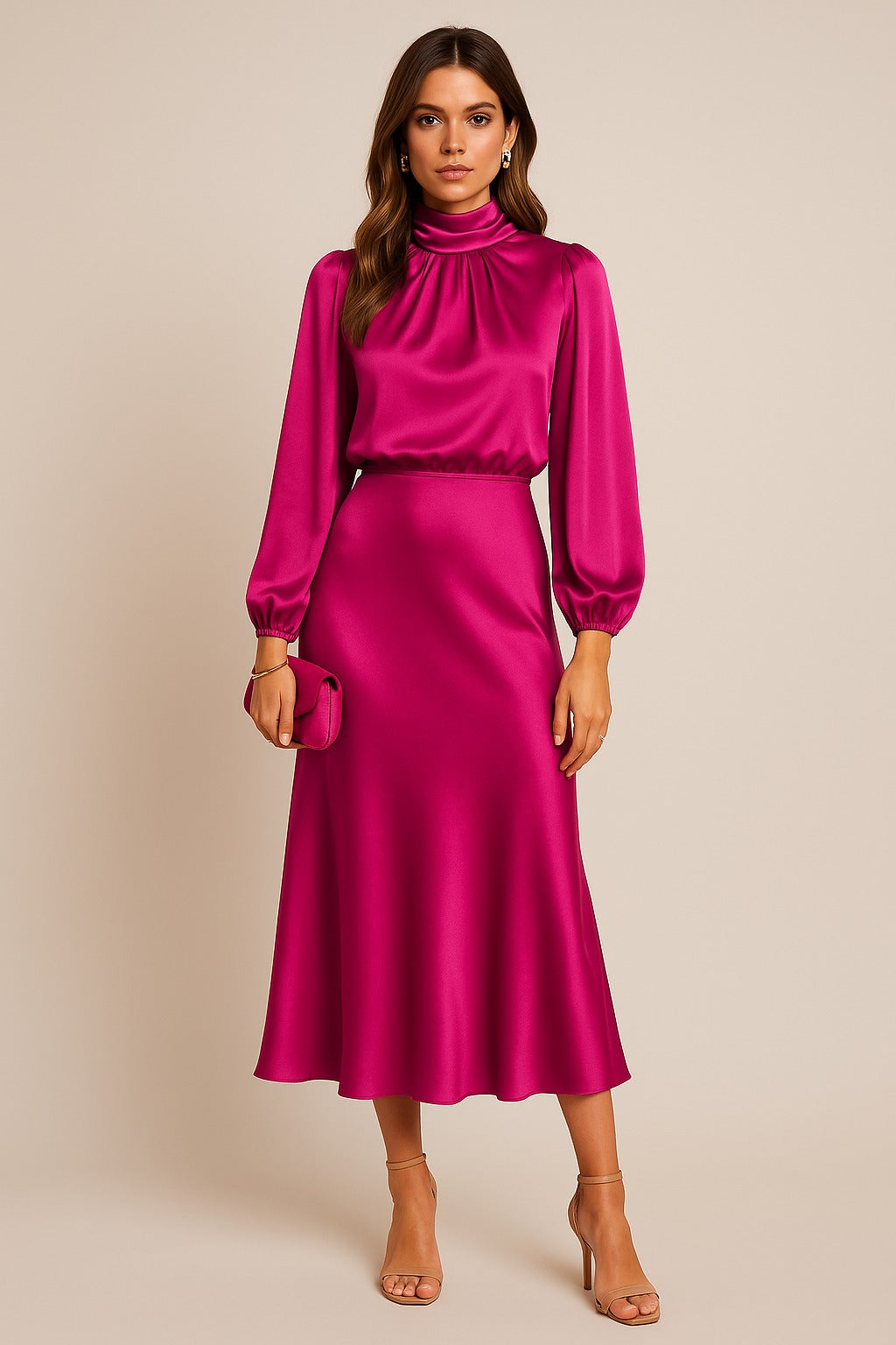 Satin long sleeve midi dress with draped mock neck and balloon sleeves - view 7