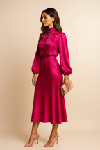 Satin long sleeve midi dress with draped mock neck and balloon sleeves - view 9