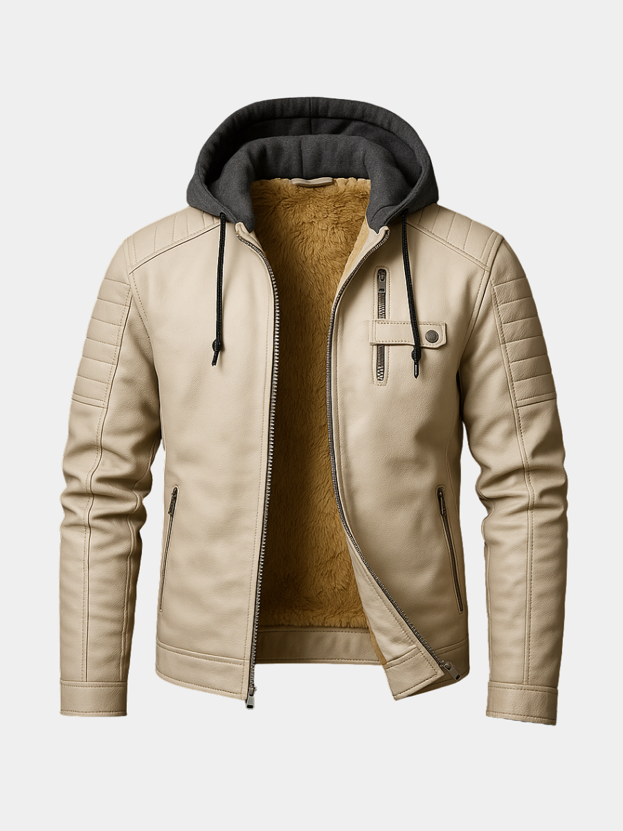 Men's faux leather moto coat with hood and plush lining