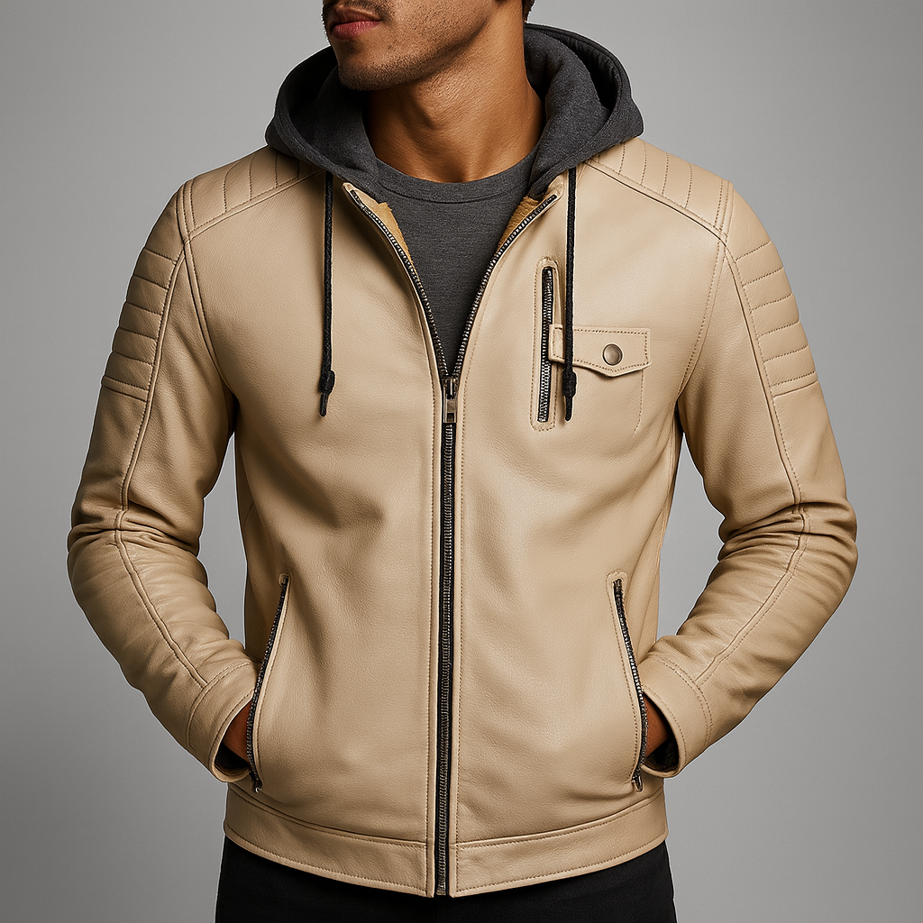 Men's faux leather moto coat with hood and plush lining - view 6