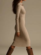 Beige ribbed knit long sleeve midi dress with polo collar and button placket - view 3