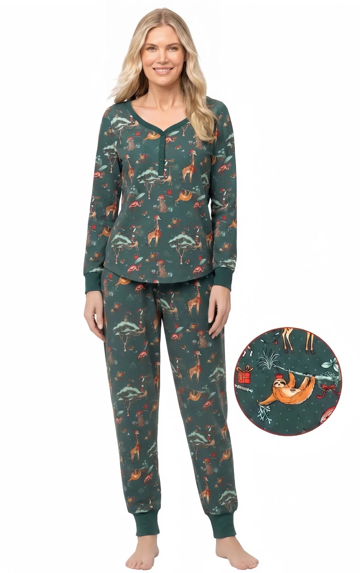Family wearing matching green safari animal print Christmas pajamas - view 10