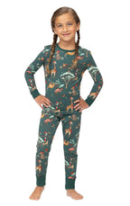 Family wearing matching green safari animal print Christmas pajamas - view 12