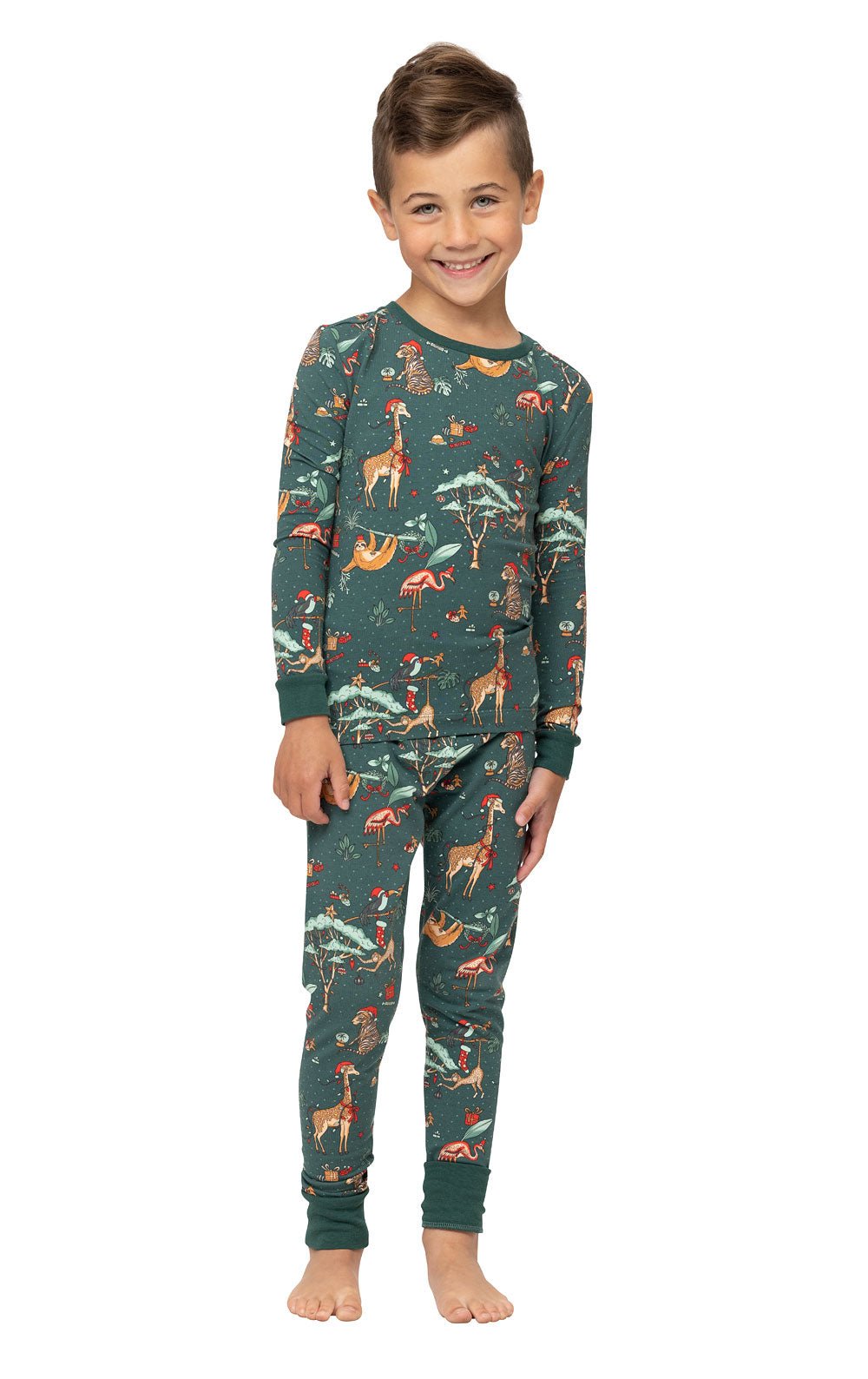 Family wearing matching green safari animal print Christmas pajamas - view 13