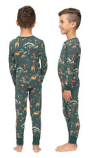 Family wearing matching green safari animal print Christmas pajamas - view 14