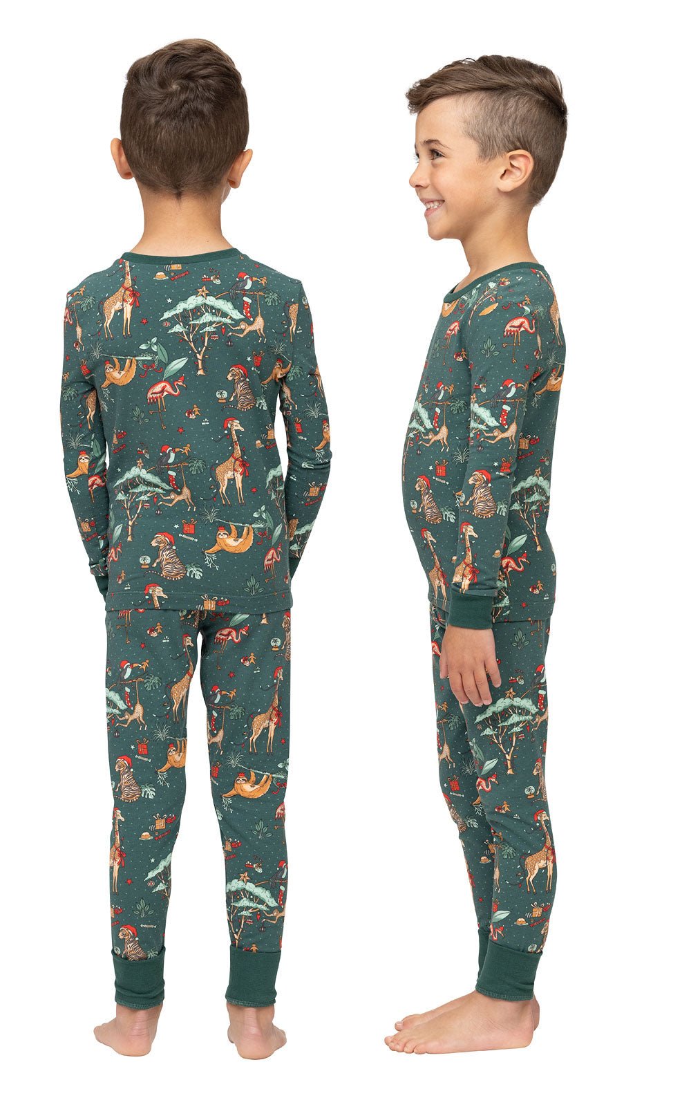 Family wearing matching green safari animal print Christmas pajamas - view 14
