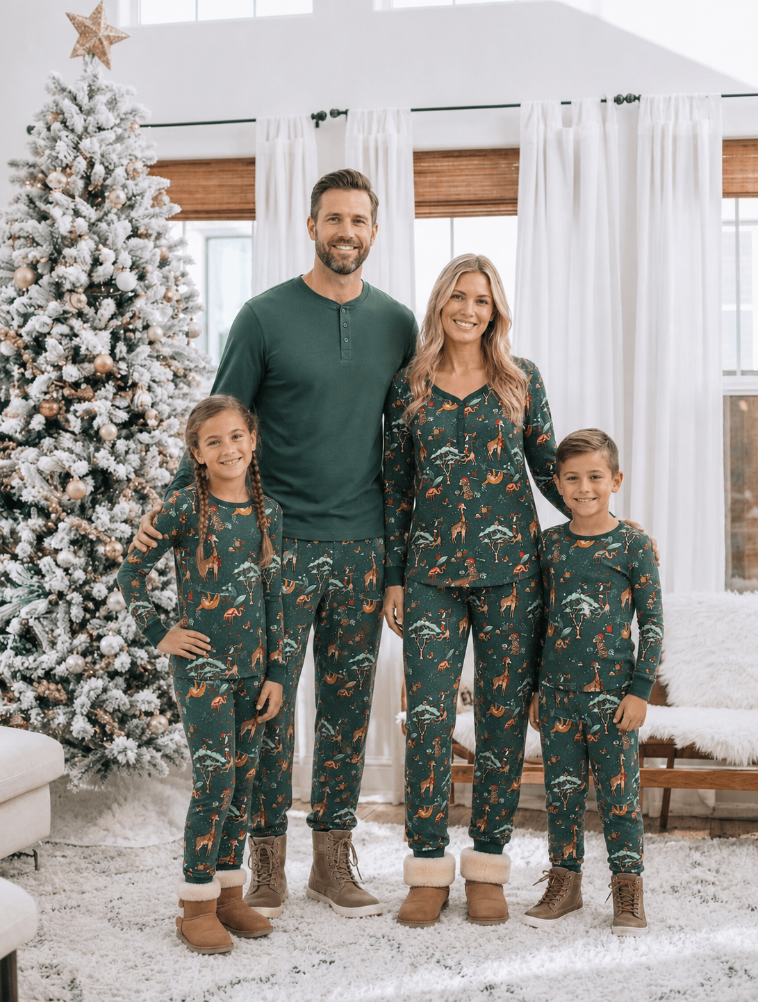 Family wearing matching green safari animal print Christmas pajamas - view 2