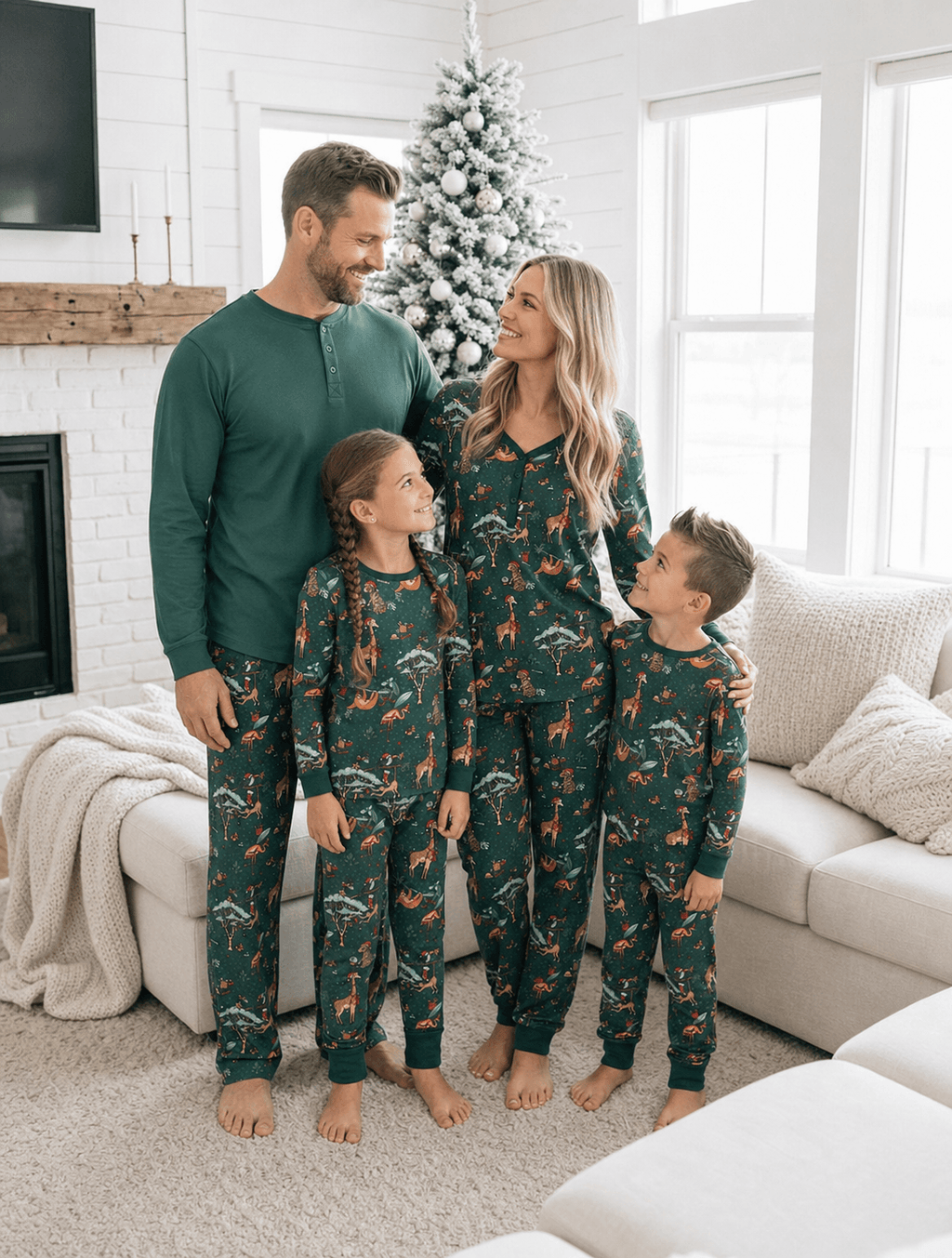 Family wearing matching green safari animal print Christmas pajamas - view 3