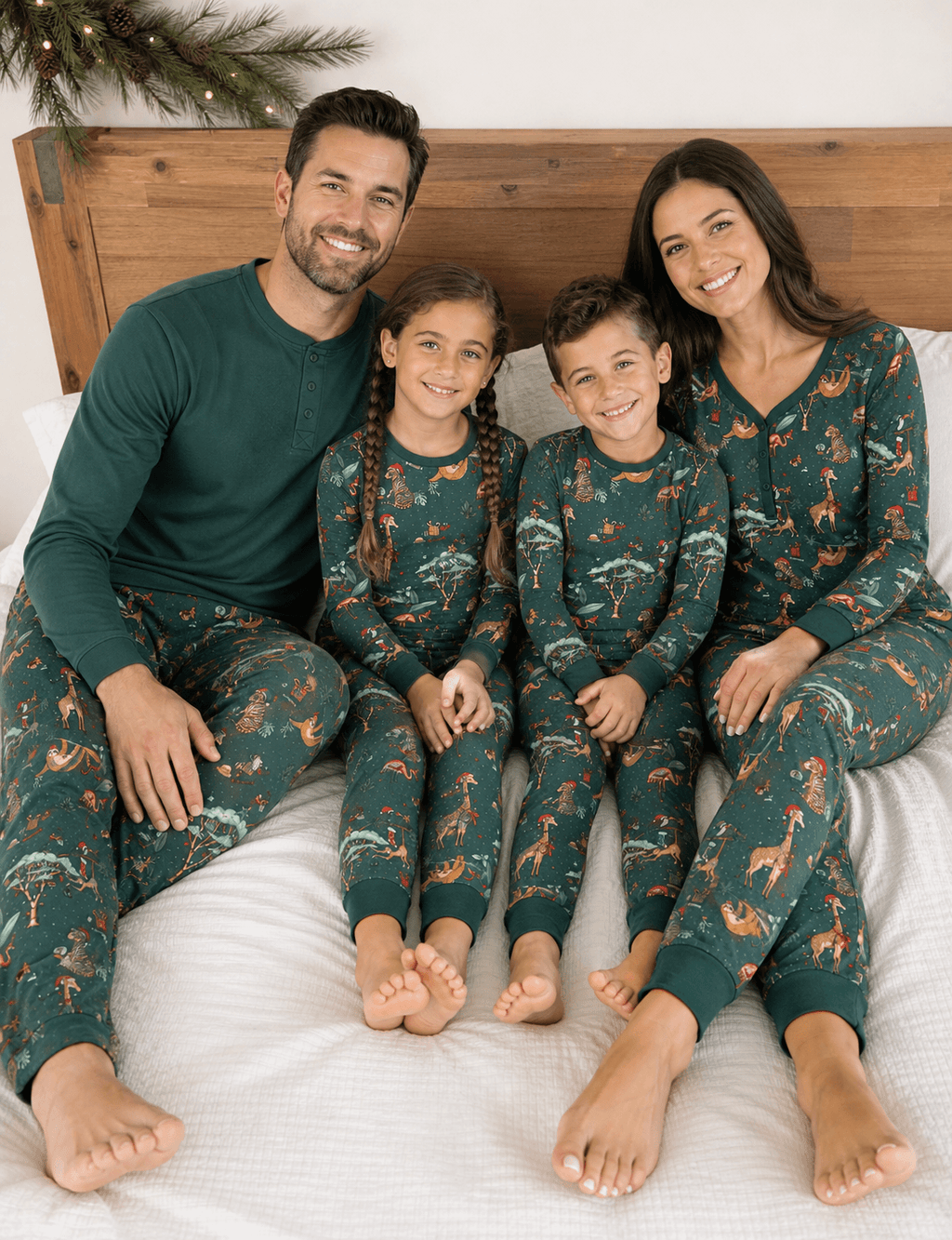 Family wearing matching green safari animal print Christmas pajamas - view 6