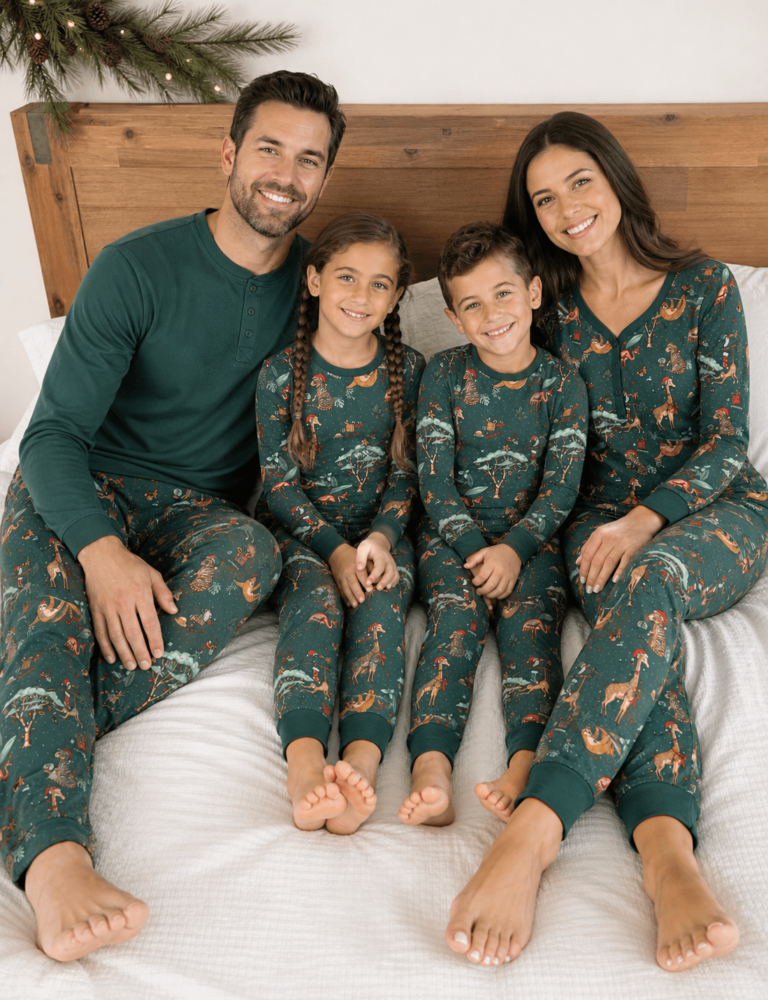 Family wearing matching green safari animal print Christmas pajamas - view 6