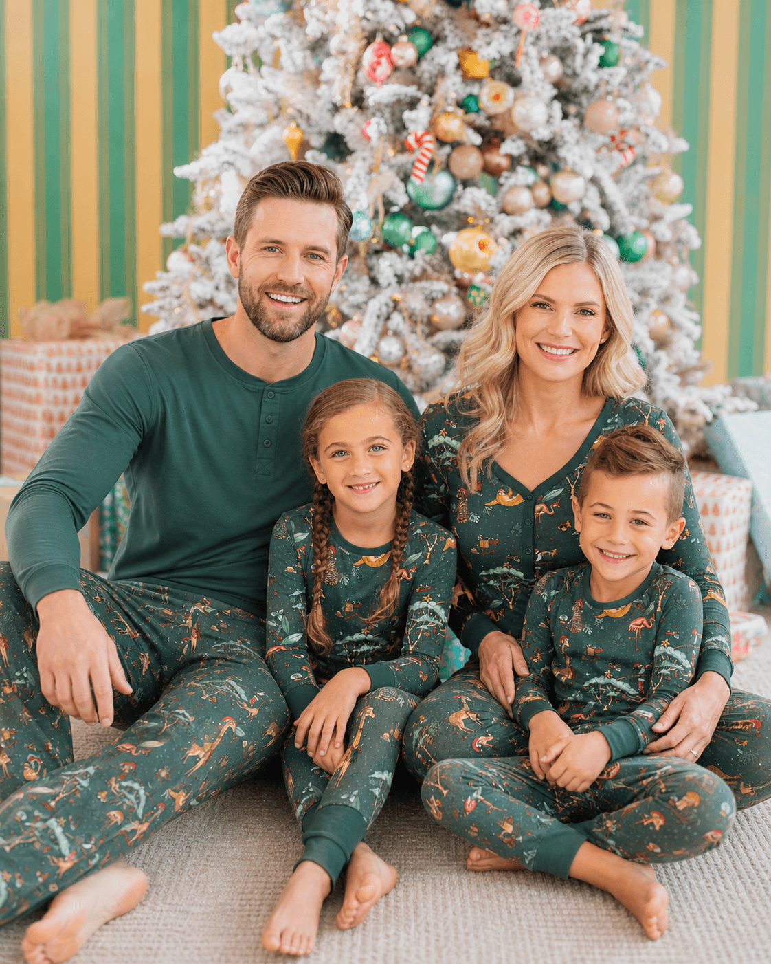 Family wearing matching green safari animal print Christmas pajamas - view 7