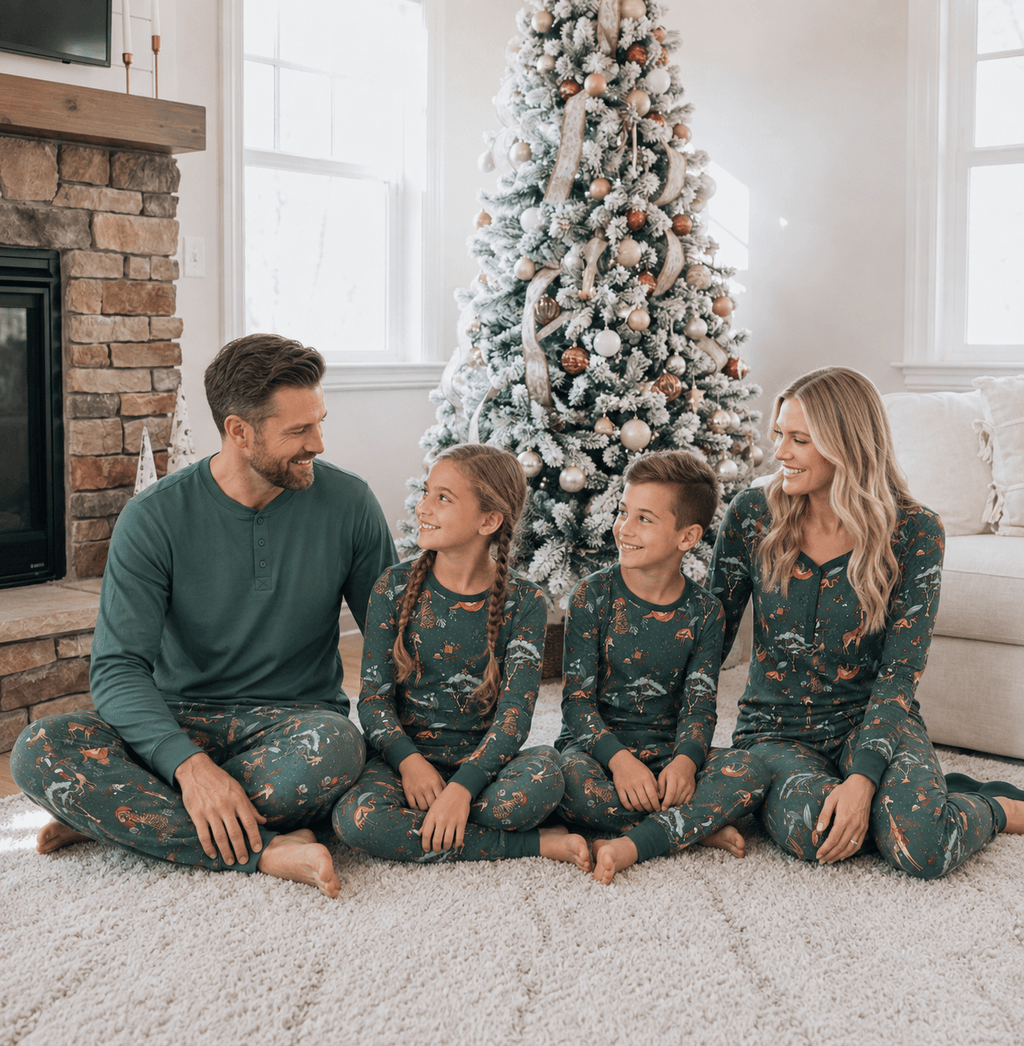 Family wearing matching green safari animal print Christmas pajamas - view 8