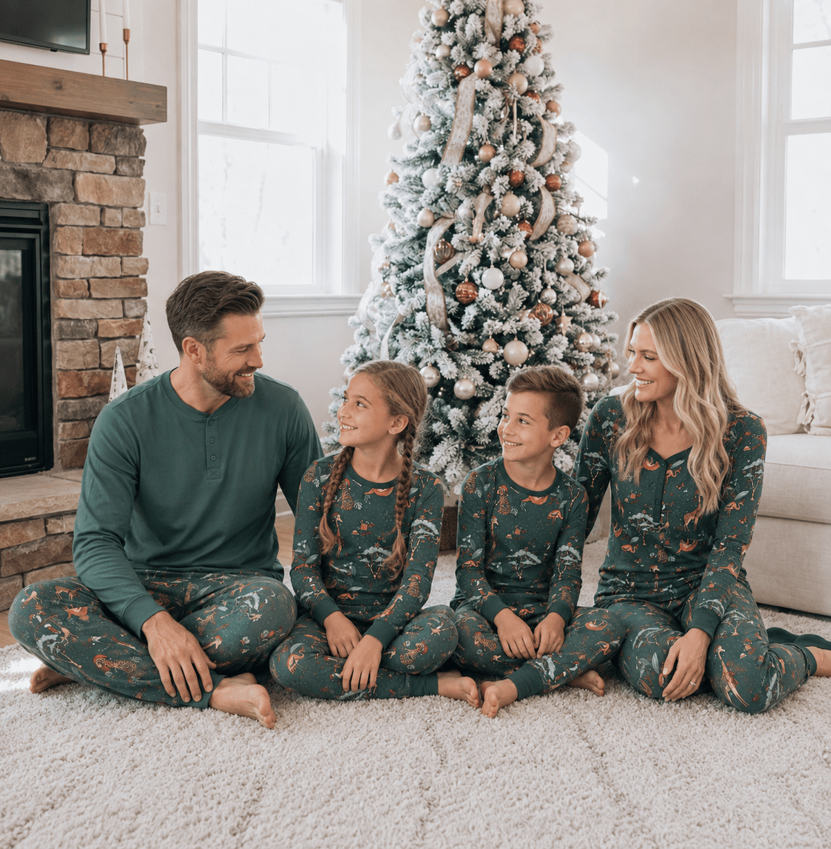 Family wearing matching green safari animal print Christmas pajamas - view 8