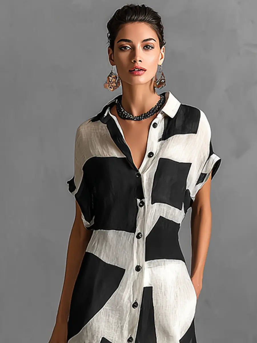 Petra | Women's Cotton And Linen Blend Irregular Geometric Print Lapel Single-Breasted Short-Sleeved Maxi Shirt Dress oaklynwear