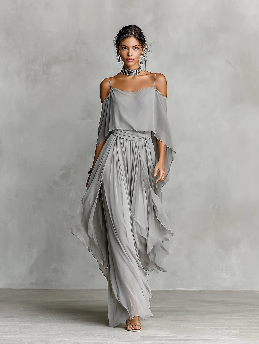 Simone | Women's Breathable Chiffon Set With Cold-Shoulder Detail & Flared Silhouette oaklynwear