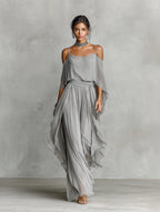 Simone | Women's Breathable Chiffon Set With Cold-Shoulder Detail & Flared Silhouette oaklynwear