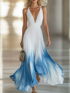 Elegant Flowing V-Neck Pleated Lightweight Chiffon Blue Gradient Maxi Dress for Women oaklynwear