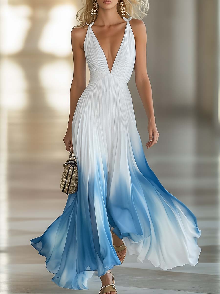 Elegant Flowing V-Neck Pleated Lightweight Chiffon Blue Gradient Maxi Dress for Women oaklynwear