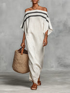 Bianca | Women's Minimalist Linen Blend Off-the-Shoulder Batwing Sleeve Straight-Cut Maxi Dress oaklynwear